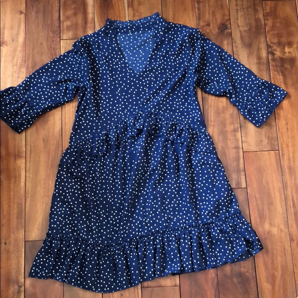 3/4 sleeve blue and white polka dot layered dress